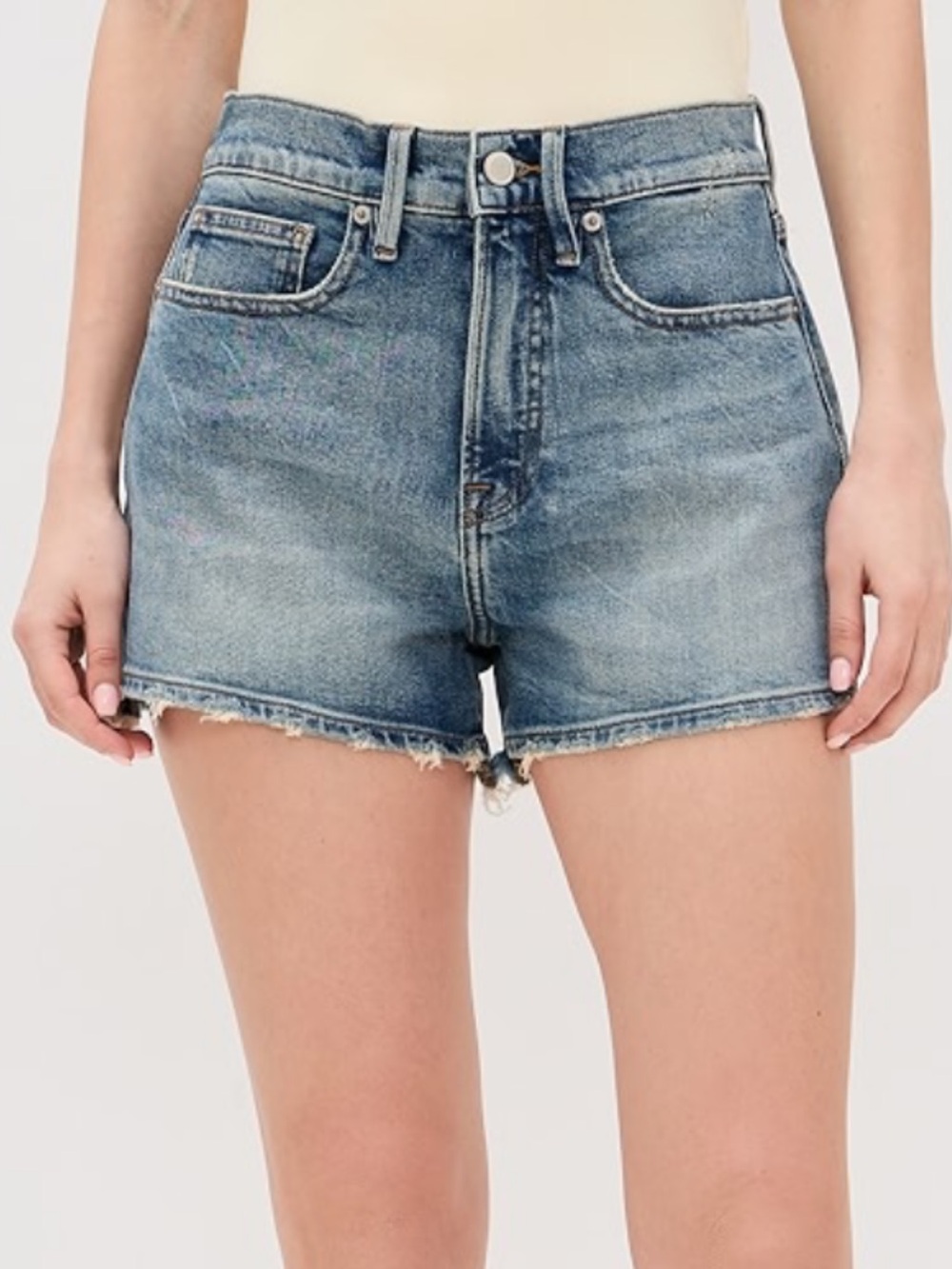 Good American Good 90s - Light Blue Mid-Rise Frayed Denim Shorts